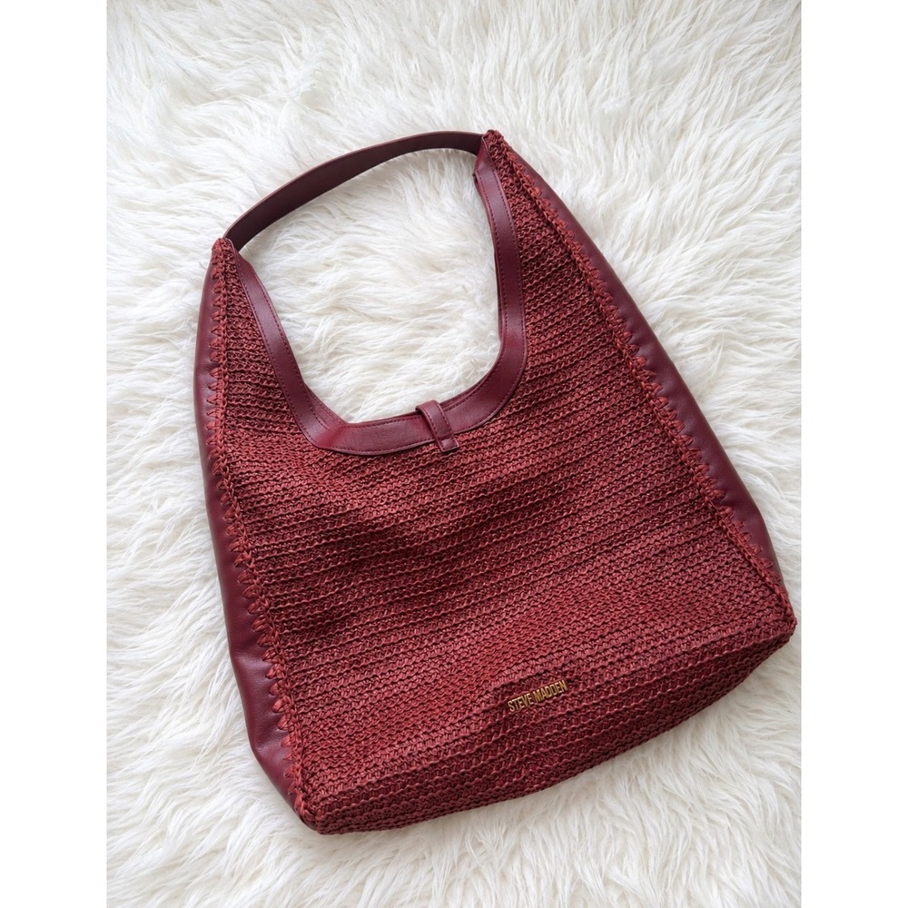 Steve Madden Large Woven Burgundy Hobo Shoulder Bag Boho Beach Texture Fall Tote